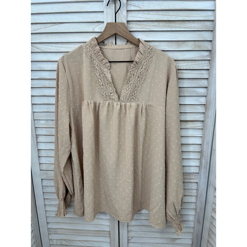Tan Swiss Dot Blouse XXXL Beige Lace Trim Ruffle V-Neck Long Sleeve Clip Dot